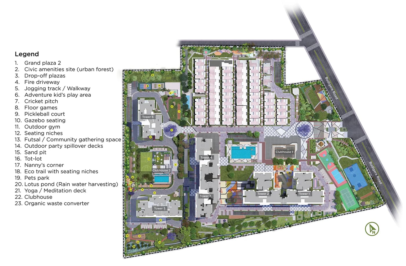 Sattva Songbird master plan, with Phase II on the west side: Tower 5, Tower 6 and Clubhouse 2
