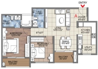 Sattva Songbird Phase II 2 BHK unit plan, type A