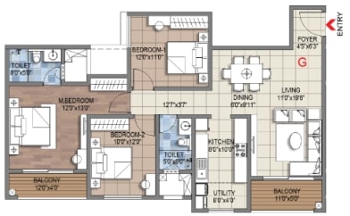 Sattva Songbird Phase II 3 BHK + 2T unit plan, type G