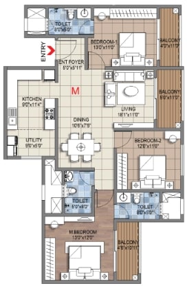 Sattva Songbird Phase II 3 BHK + 3T unit plan, type M