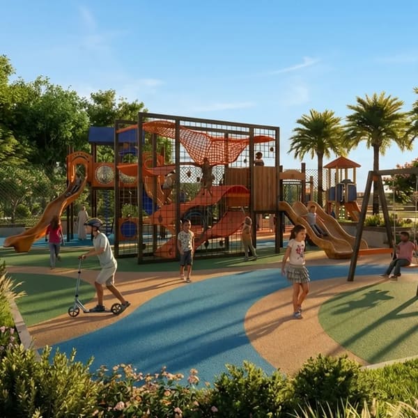 The tot lot play structure among palms, artist's impression