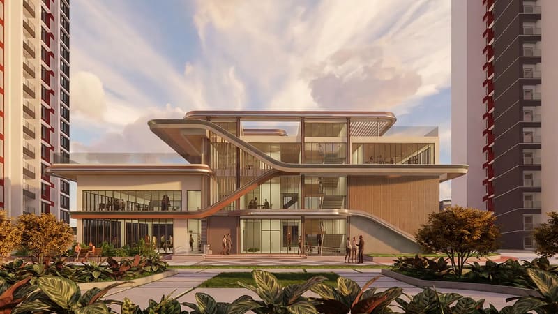 The Sattva Songbird Phase II clubhouse at dusk, artist's impression, the poster of the developer's walkthrough film