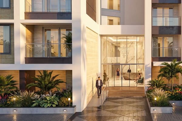 The tower entrance lobby with glass doors and planting, artist's impression