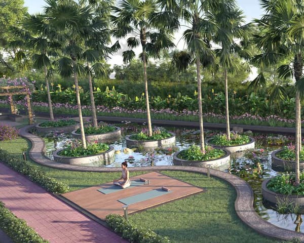 The yoga and meditation deck among water channels and palms, artist's impression