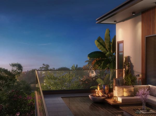 A balcony with planters at dusk at Sattva Springs, artist's impression