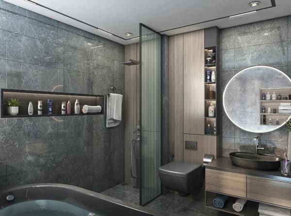 A bathroom with a glass shower at Sattva Springs, artist's impression