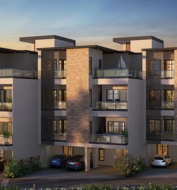 Sattva Springs row houses at dusk, front view, artist's impression