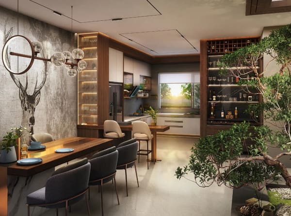 The Type 05 kitchen and dining room at Sattva Springs, artist's impression