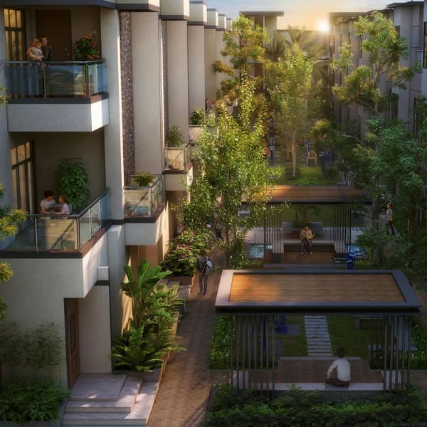 A landscaped lane with a gazebo between the row houses at Sattva Springs, artist's impression