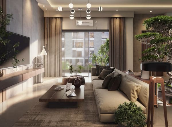 A living room at Sattva Springs, artist's impression