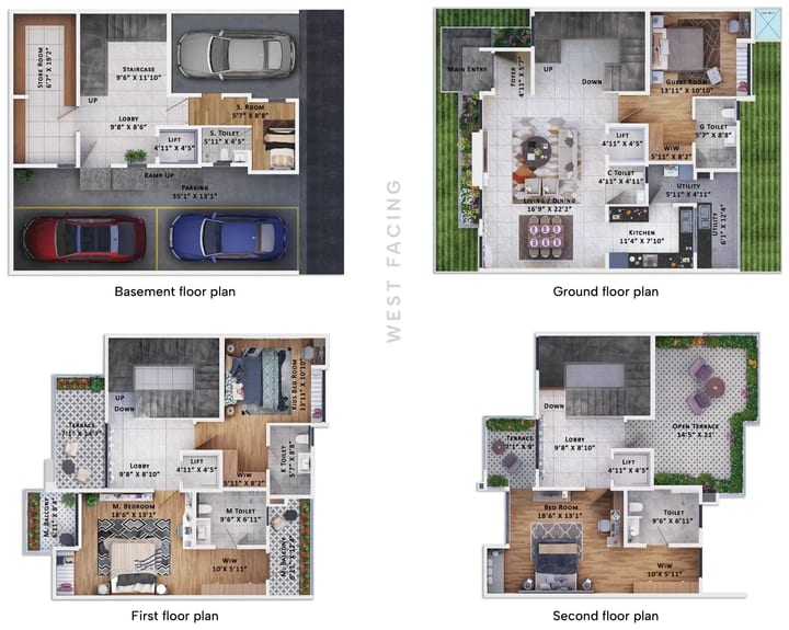 Sattva Springs 4 BHK Type 01 floor plan: basement, ground, first and second floor