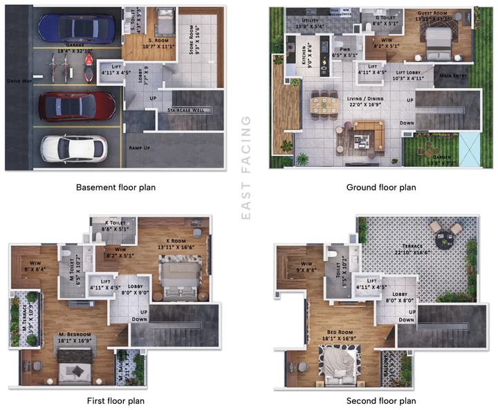 Sattva Springs 4 BHK Type 02 floor plan: basement, ground, first and second floor