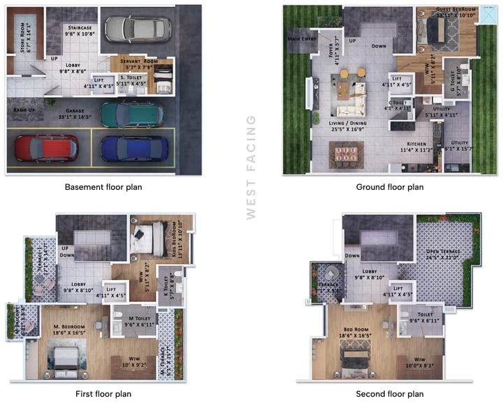 Sattva Springs 4 BHK Type 03 floor plan: basement, ground, first and second floor