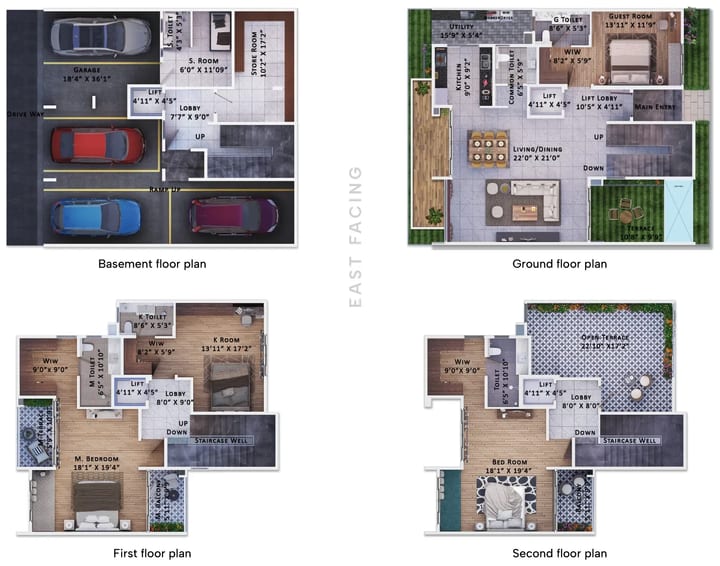 Sattva Springs 4 BHK Type 04 floor plan: basement, ground, first and second floor