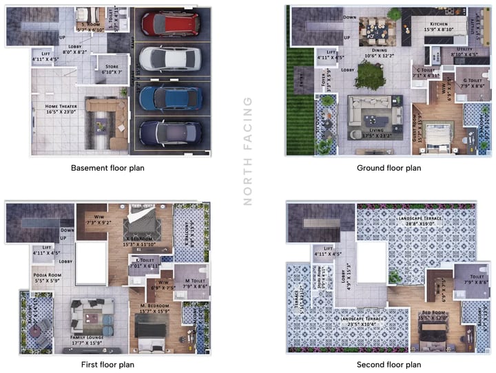 Sattva Springs 4 BHK Type 05 floor plan: basement, ground, first and second floor