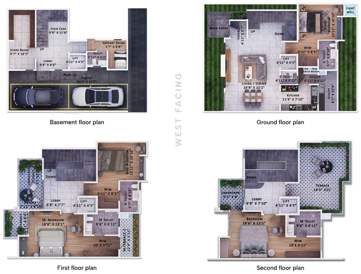 Sattva Springs 4 BHK Type 06 floor plan: basement, ground, first and second floor