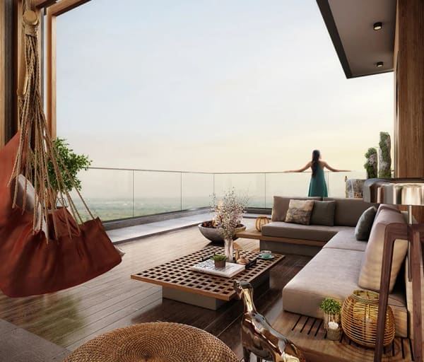 A Type 05 terrace lounge with a glass railing at Sattva Springs, artist's impression