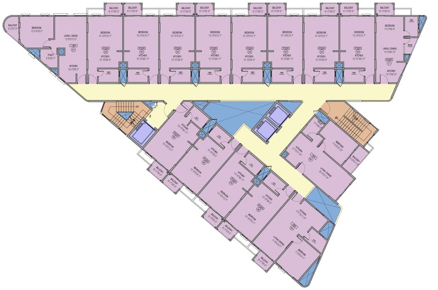 Typical floor plan of Sattva Vasanta Cove: 16 studio and 1 BHK homes around the triangular core
