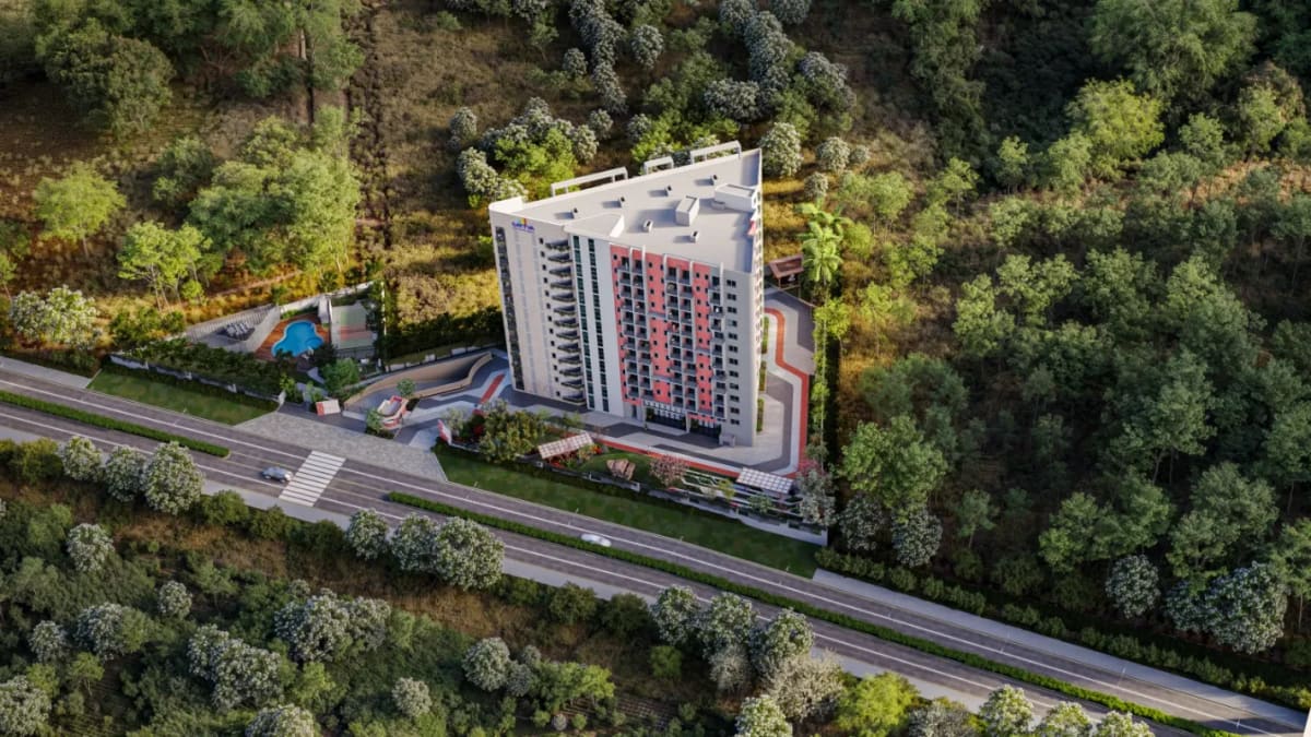 Sattva Vasanta Cove from above with the pool and pickleball court, artist's impression