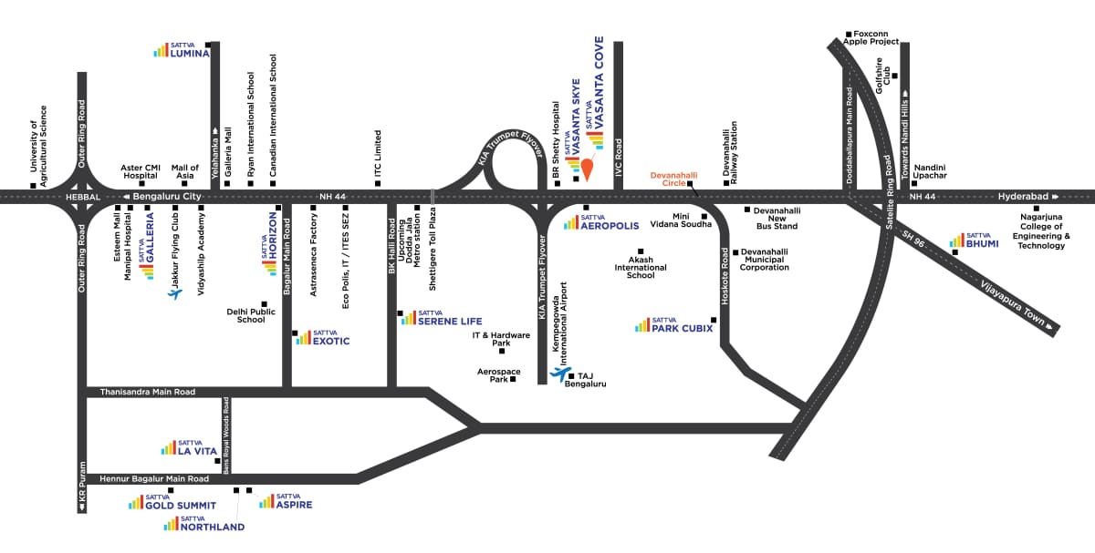 Location plan of Sattva Vasanta Cove on NH 44 between the airport trumpet flyover and Devanahalli, from the developer