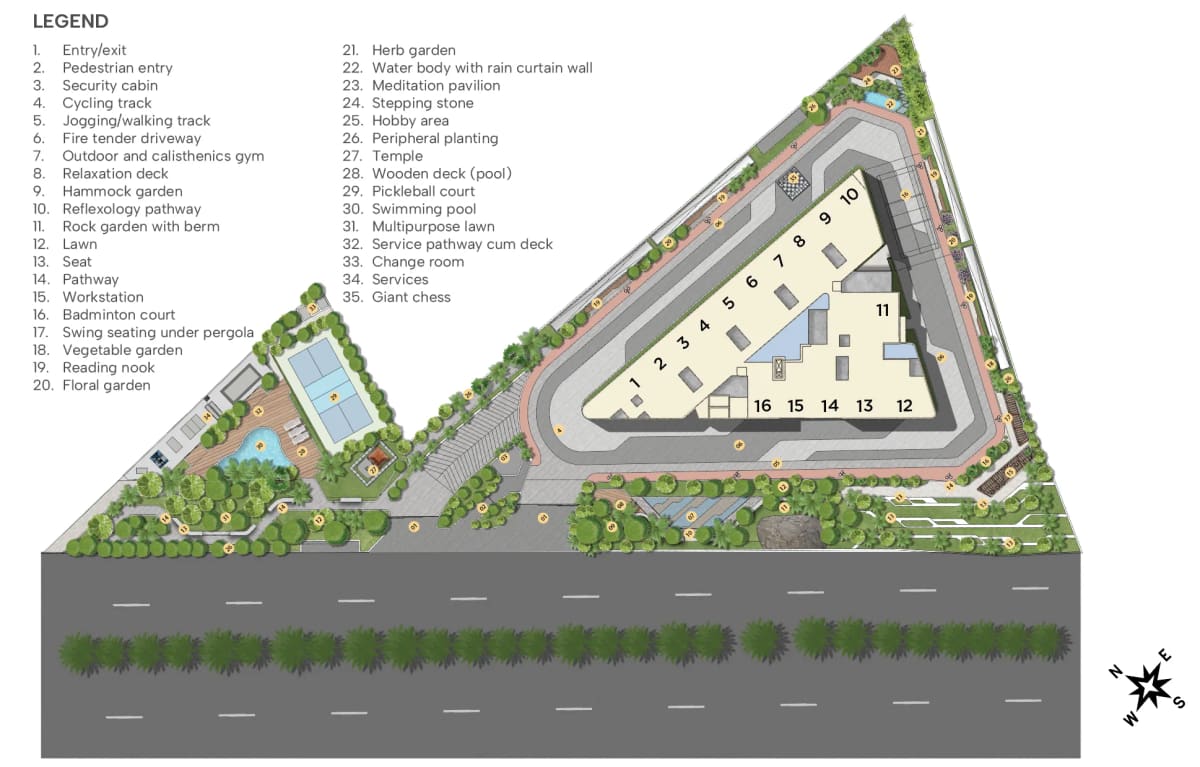 Landscape master plan of Sattva Vasanta Cove with its 35 marked features