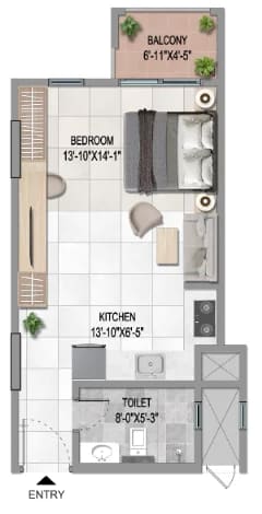 Sattva Vasanta Cove studio floor plan, Type 2, south facing