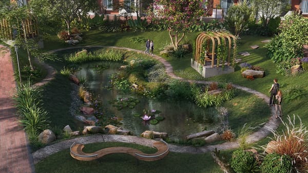 The lotus pond and garden paths seen from above, artist's impression