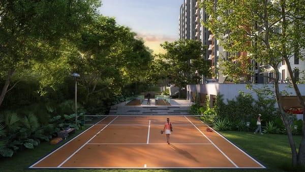 A tennis court among trees with a tower behind, artist's impression