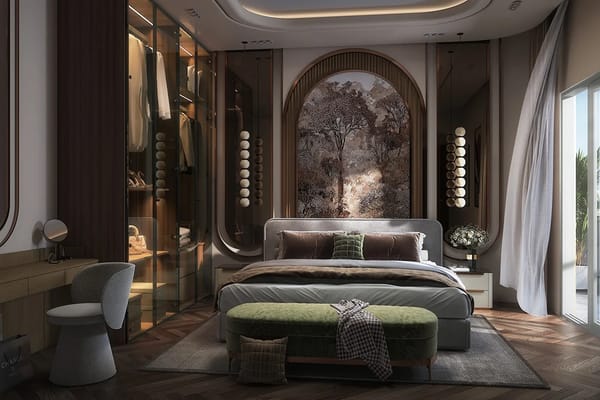A master bedroom with a wide bed and an arched wall niche, artist's impression