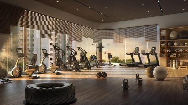 The indoor gym with treadmills and free weights, artist's impression