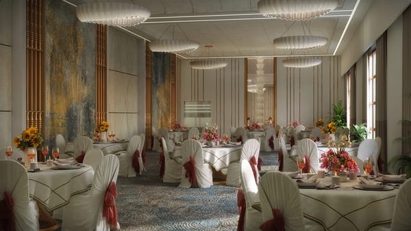 A multipurpose hall laid out for a banquet, artist's impression