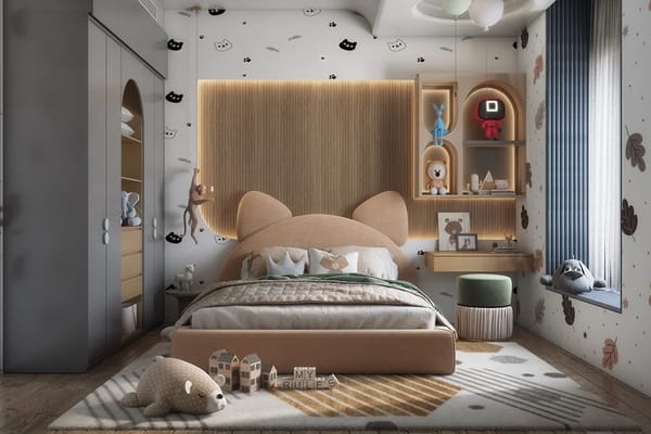 A kids' bedroom with a playful headboard, artist's impression
