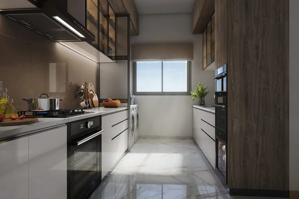 A modular kitchen with a built in oven and a window, artist's impression