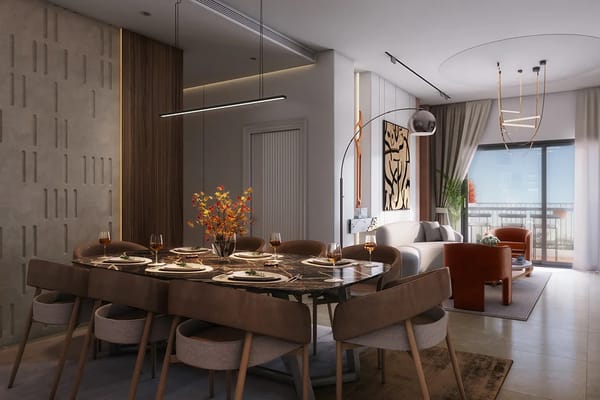 A living and dining room with a long dining table, artist's impression