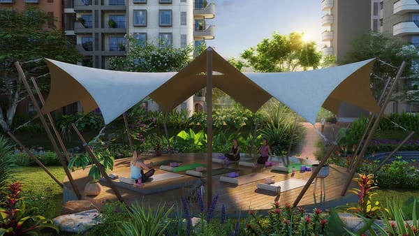 A yoga pavilion under fabric canopies in the gardens, artist's impression