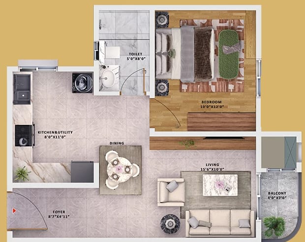 Sattva Vasanta Skye 1 BHK unit plan, Type 2, Wing 16