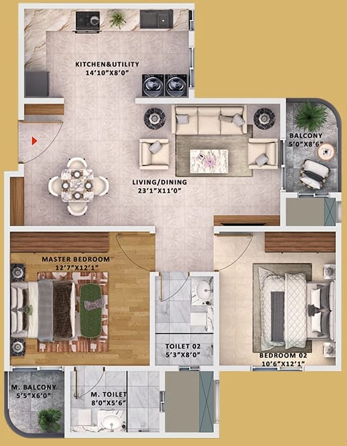 Sattva Vasanta Skye 2 BHK unit plan, Type 3, Wing 16