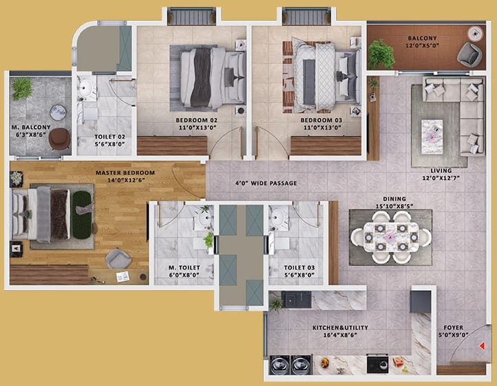 Sattva Vasanta Skye 3 BHK 3T unit plan, Type 1, Wings 1, 13 and 14