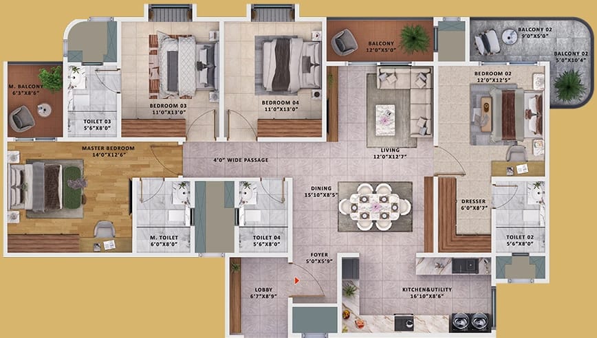 Sattva Vasanta Skye 4 BHK unit plan, Type 1, Wings 1 and 13