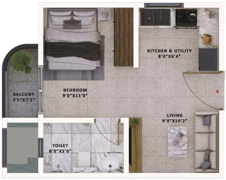 Sattva Vasanta Skye studio unit plan, Type 1