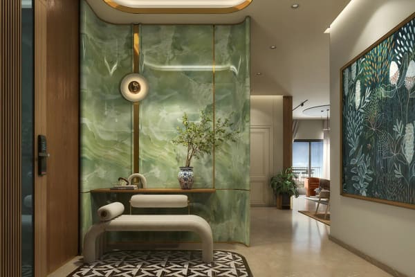 Sattva Vasanta Skye foyer with a green marble wall and a patterned tile floor, artist's impression