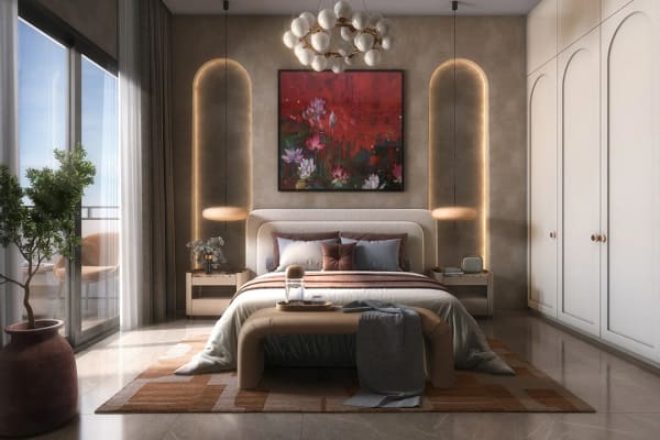 Sattva Vasanta Skye guest bedroom with a tall window to the balcony, artist's impression