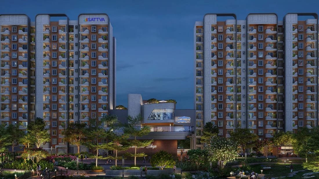 Two blocks of Sattva Vasanta Skye at dusk with the clubhouse between them, artist's impression, the poster of the walkthrough